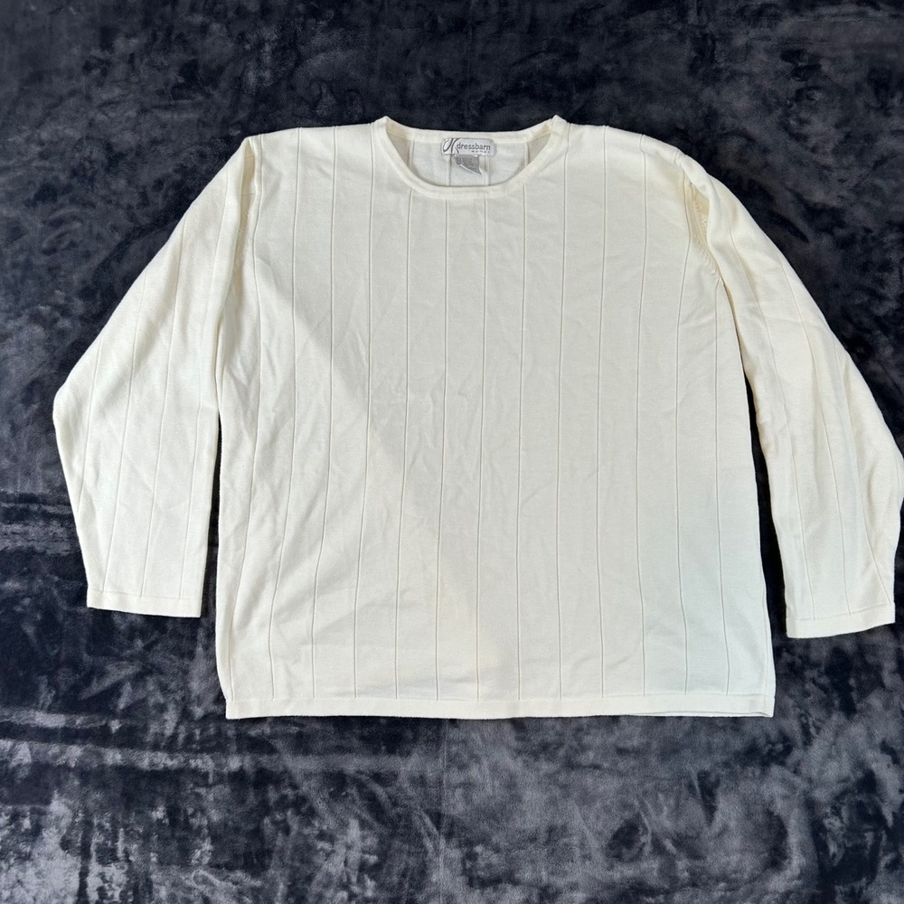 Dressbarn Knit Top Womens 18/20 Cream White Ribbed Long Sleeve Crew Neck Sweater
